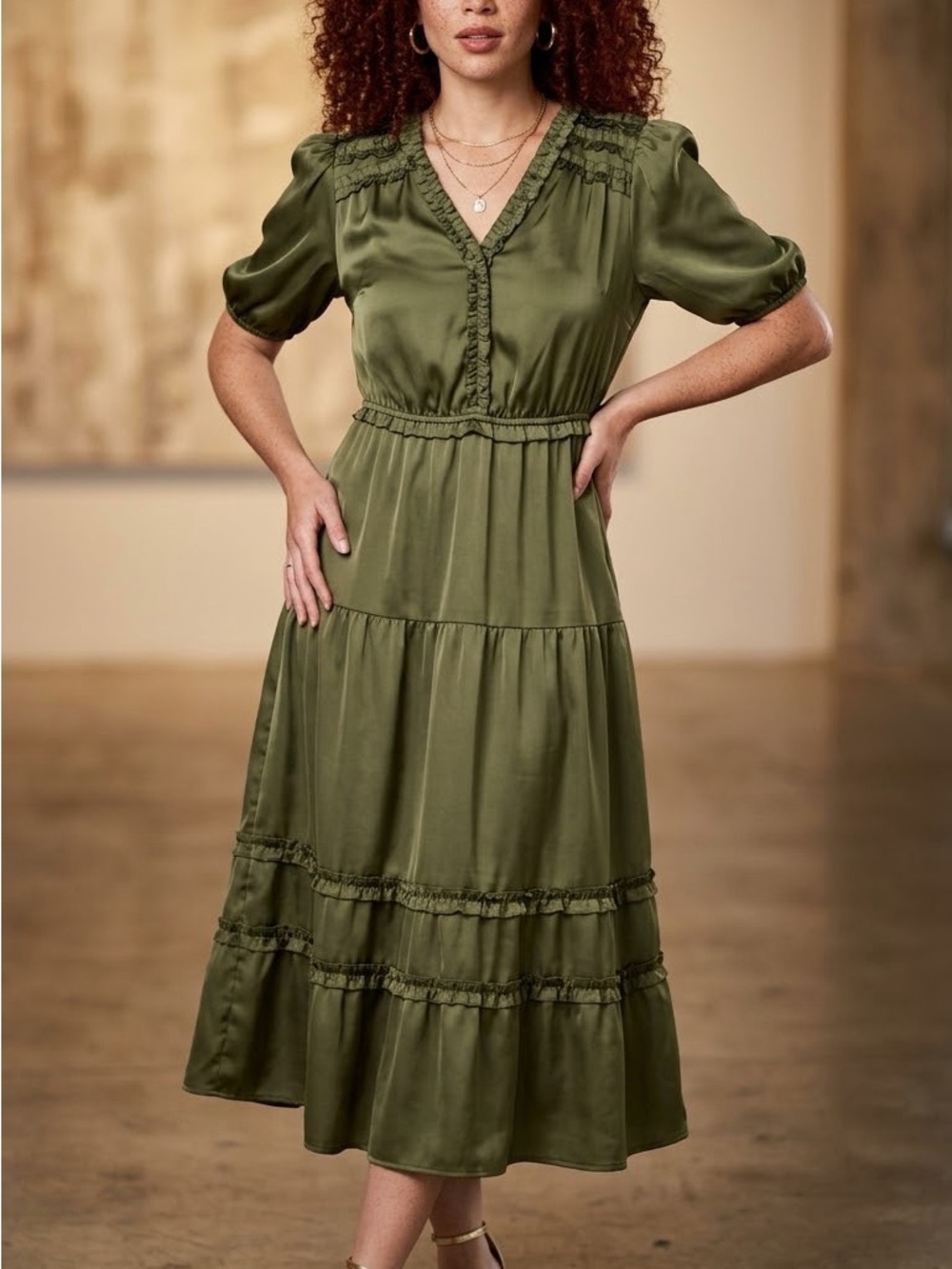 Nanette Lepore Olive Green V-Neck Tiered Midi Dress
